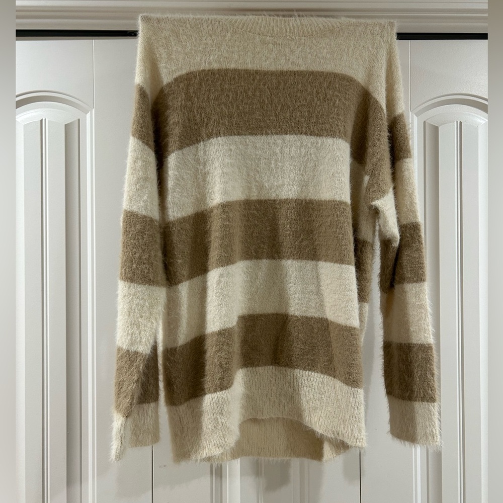 Target Women's Oversized Fuzzy Striped Sweater - Brown and Cream